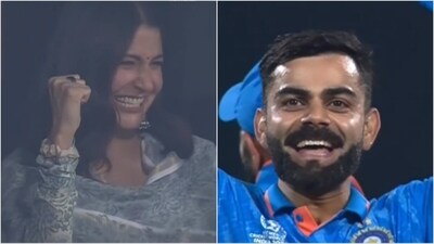 Virat Kohli (R) and Anushka Sharma react after India star picks a wicket during the 2023 WC match vs Netherlands (Hotstar) Virat Kohli (R) and Anushka Sharma react after India star picks a wicket during the 2023 WC match vs Netherlands (Hotstar)