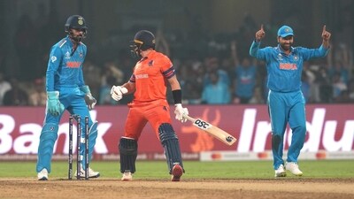 Logan van Beek clean bowled by Kuldeep Yadav during the ICC Men's Cricket World Cup between India and Netherlands at M Chinnaswamy Stadium in Bengaluru (PTI) Logan van Beek clean bowled by Kuldeep Yadav during the ICC Men's Cricket World Cup between India and Netherlands at M Chinnaswamy Stadium in Bengaluru (PTI)