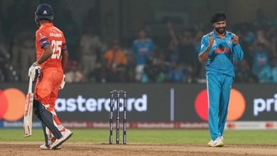 Ravindra Jadeja celebrates the wicket of Roelof van der Merwe during the ICC Men's Cricket World Cup match between India and Netherlands, at M Chinnaswamy Stadium in Bengaluru (PTI) Ravindra Jadeja celebrates the wicket of Roelof van der Merwe during the ICC Men's Cricket World Cup match between India and Netherlands, at M Chinnaswamy Stadium in Bengaluru (PTI)