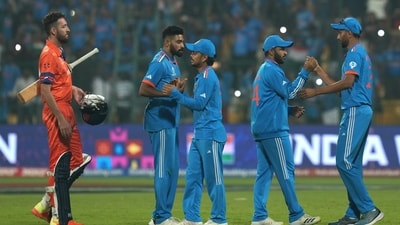 Indian players celebrate after winning the ICC Men's Cricket World Cup match over Netherlands, at M Chinnaswamy Stadium in Bengaluru (PTI) Indian players celebrate after winning the ICC Men's Cricket World Cup match over Netherlands, at M Chinnaswamy Stadium in Bengaluru (PTI)