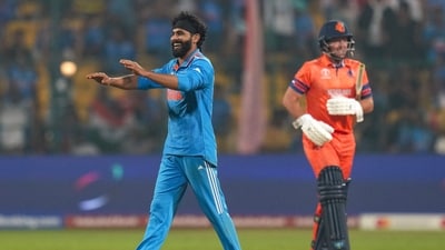 Ravindra Jadeja celebrates the wicket of Roelof van der Merwe during the ICC Men's Cricket World Cup match between India and Netherlands, at M Chinnaswamy Stadium in Bengaluru (PTI) Ravindra Jadeja celebrates the wicket of Roelof van der Merwe during the ICC Men's Cricket World Cup match between India and Netherlands, at M Chinnaswamy Stadium in Bengaluru (PTI)