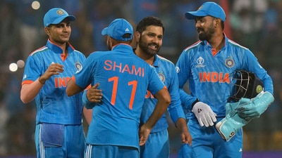 Indian players celebrate after winning the ICC Men's Cricket World Cup match over Netherlands, at M Chinnaswamy Stadium in Bengaluru (PTI) Indian players celebrate after winning the ICC Men's Cricket World Cup match over Netherlands, at M Chinnaswamy Stadium in Bengaluru (PTI)