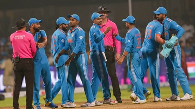 Indian players celebrate after winning the ICC Men's Cricket World Cup match over Netherlands, at M Chinnaswamy Stadium in Bengaluru (PTI) Indian players celebrate after winning the ICC Men's Cricket World Cup match over Netherlands, at M Chinnaswamy Stadium in Bengaluru (PTI)