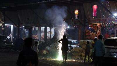 Residents celebrate Diwali with firecrackers at Market Yard in Pune, on Sunday. Pune fire department recorded 22 incidents of fire on Laxmi Pooja day, the first day of Diwali (November 12), between 7:38 pm and 11 pm, said officials. (RAHUL RAUT/HT) Residents celebrate Diwali with firecrackers at Market Yard in Pune, on Sunday. Pune fire department recorded 22 incidents of fire on Laxmi Pooja day, the first day of Diwali (November 12), between 7:38 pm and 11 pm, said officials. (RAHUL RAUT/HT)
