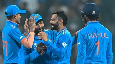 India's Virat Kohli (2R) celebrates with Shubman Gill (L), captain Rohit Sharma (2L) and KL Rahul after taking the wicket of Netherlands' captain Scott Edwards. (AFP) India's Virat Kohli (2R) celebrates with Shubman Gill (L), captain Rohit Sharma (2L) and KL Rahul after taking the wicket of Netherlands' captain Scott Edwards. (AFP)