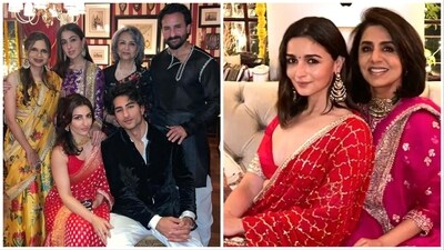 Sara Ali Khan, Ibrahim, and Sharmila Tagore smile for a picture; Neetu Kapoor and Alia Bhatt strike a pose together. Sara Ali Khan, Ibrahim, and Sharmila Tagore smile for a picture; Neetu Kapoor and Alia Bhatt strike a pose together.