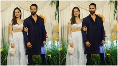 Shahid Kapoor walked in looking dapper in a prussian blue kurta set with an ethnic jacket, while Mira Rajput looked stunning in a white lehenga.&nbsp; (Instagram/@pallav_paliwal)