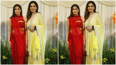 Raveena Tandon looked classy in a pastel yellow and silver lehenga, while daughter Rasha Thadani posed in a bright red silk saree.&nbsp; (Instagram/@pallav_paliwal)