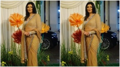 Sushmita Sen's Diwali look was the perfect blend of style and class as she posed in a soft yellow chiffon saree featuring silver zari details.&nbsp; (Instagram/@pallav_paliwal)
