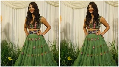 Mrunal Thakur sported her bright smile in a multicoloured blouse and a pastel green tule skirt with multicoloured embellishment details.&nbsp; (Instagram/@pallav_paliwal)