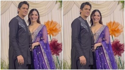 Tamannaah Bhatia and Vijay Varma posed together. Tamannaah looked stunning in a silver and blue embellished lehenga, while Vijay opted for a black kurta set with silver details at the torso.&nbsp; (HT Photos/Varinder Chawla)