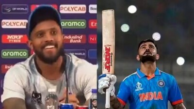Kusal Mendis (L) during the press conference; Kohli celebrates his 49th century (File)