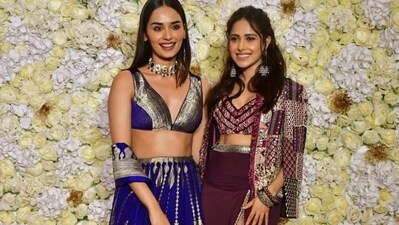 Manushi Chhillar and Nushrratt Bharuccha posed together at a Diwali party. While Manushi was in a blue lehenga, Nushrratt arrived in a slit skirt and top paired with a stylish jacket. Manushi Chhillar and Nushrratt Bharuccha posed together at a Diwali party. While Manushi was in a blue lehenga, Nushrratt arrived in a slit skirt and top paired with a stylish jacket. 