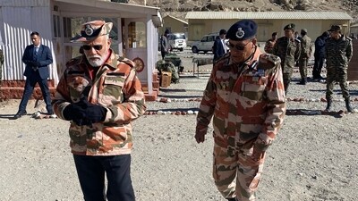 PM Modi shared photos of his visit on X, formerly known as Twitter, in which he can be seen dressed in military attire and interacting with security personnel. PM Modi shared photos of his visit on X, formerly known as Twitter, in which he can be seen dressed in military attire and interacting with security personnel.