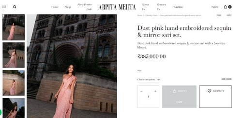 Ananya Panday's dust pink saree and bandeau blouse from Arpita Mehta (Screengrab from arpitamehtaofficial.com)