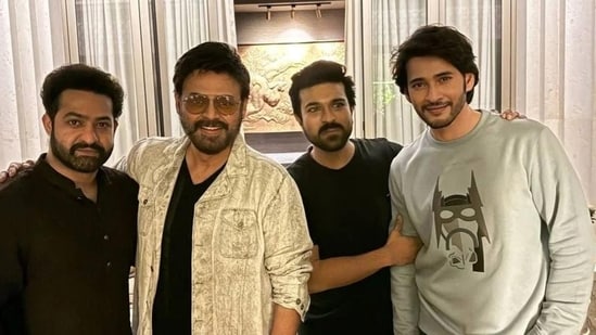 Jr NTR, Venkatesh, Ram Charan and Mahesh Babu at Ram's Diwali bash.