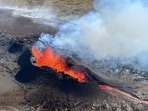 Iceland Earthquakes: Lava spurts and flows after the eruption of a volcano in the Reykjanes Peninsula, Iceland.