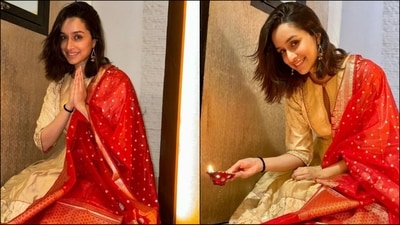 Shraddha Kapoor donned a golden kurta for her Diwai look, which showcased the perfect blend of style and elegance. She paired it with a red duppata embellished with gold prints. With statement earrings, minimal make-up and loose hair, she left her fans swooning. (Instagram/@shraddhakapoor) Shraddha Kapoor donned a golden kurta for her Diwai look, which showcased the perfect blend of style and elegance. She paired it with a red duppata embellished with gold prints. With statement earrings, minimal make-up and loose hair, she left her fans swooning. (Instagram/@shraddhakapoor)
