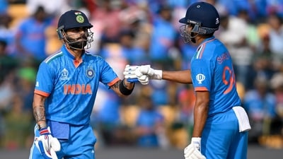 Shreyas Iyer and Virat Kohli fist-bump each other during their match against Netherlands in the ICC Men's Cricket World Cup 2023 at M.Chinnaswamy Stadium in Bengaluru on Sunday. (BCCI Twitter) Shreyas Iyer and Virat Kohli fist-bump each other during their match against Netherlands in the ICC Men's Cricket World Cup 2023 at M.Chinnaswamy Stadium in Bengaluru on Sunday. (BCCI Twitter)