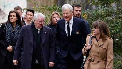 Alex Ferguson, left, former Manchester United manager and David Gill former United CEO arrive for the funeral of English football icon Bobby Charlton (AP) Alex Ferguson, left, former Manchester United manager and David Gill former United CEO arrive for the funeral of English football icon Bobby Charlton (AP)