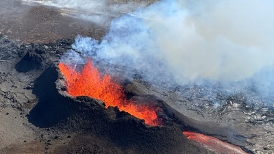 Iceland Earthquakes: Lava spurts and flows after the eruption of a volcano in the Reykjanes Peninsula, Iceland. (Reuters File)