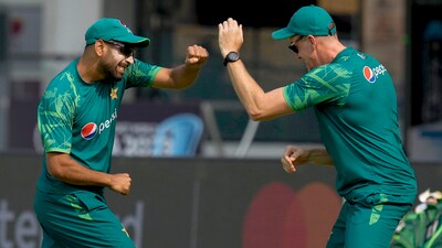 Pakistan's Haris Rauf with bowling coach Morne Morkel during a practice session (PTI) Pakistan's Haris Rauf with bowling coach Morne Morkel during a practice session (PTI)