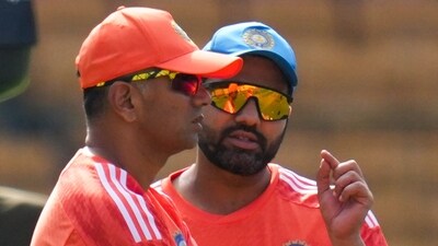India's captain Rohit Sharma and head coach Rahul Dravid during a practice session (PTI)