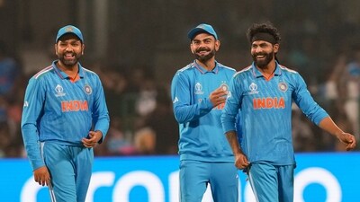 India's Ravindra Jadeja with Virat Kohli and Rohit Sharma celebrates the wicket of Netherlands' Max O'Dowd (PTI) India's Ravindra Jadeja with Virat Kohli and Rohit Sharma celebrates the wicket of Netherlands' Max O'Dowd (PTI)