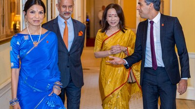 External Affairs Minister S. Jaishankar along with his wife Kyoko Jaishankar meets UK PM Rishi Sunak and Akshata Murty on Diwali in London. (PTI) External Affairs Minister S. Jaishankar along with his wife Kyoko Jaishankar meets UK PM Rishi Sunak and Akshata Murty on Diwali in London. (PTI)