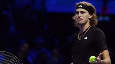 Germany's Alexander Zverev reacts at the end of the first round-robin match against Spain's Carlos Alcaraz (AFP) Germany's Alexander Zverev reacts at the end of the first round-robin match against Spain's Carlos Alcaraz (AFP)