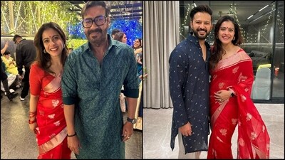 Kajol stunned in a gorgeous red saree for her Diwali look, her saree adorned with golden lotus prints and paired with a simple scoop neck blouse looked elegant yet stylish. She completed her look with red stacked bangles, a red bindi and statement earrings. White Ajay looked dapper in a red printed kurta and black rimmed glasses. (Instagram/@Kajol) Kajol stunned in a gorgeous red saree for her Diwali look, her saree adorned with golden lotus prints and paired with a simple scoop neck blouse looked elegant yet stylish. She completed her look with red stacked bangles, a red bindi and statement earrings. White Ajay looked dapper in a red printed kurta and black rimmed glasses. (Instagram/@Kajol)