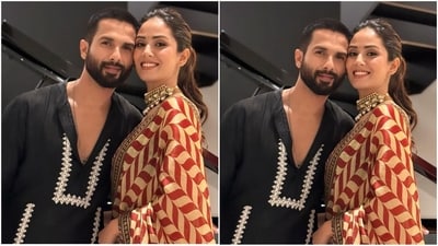 Mira Rajput and Shahid Kapoor kept their Diwali looks on trend with Mira looking just wow in a red and white printed saree and Shahid donning a black kurta adorned with white embroidery. (Instagram/@mira.kapoor) Mira Rajput and Shahid Kapoor kept their Diwali looks on trend with Mira looking just wow in a red and white printed saree and Shahid donning a black kurta adorned with white embroidery. (Instagram/@mira.kapoor)