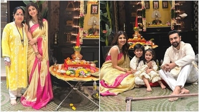 Shilpa Shetty celebrated Diwali with her adorable family in elegant ethnic outfits. Shilpa wore a yellow saree with a rani pink border all around. She elegantly draped it around her and let her pallu fall from her shoulder. Paired with a sleeveless white blouse, she exuded grace and elegance. (Instagram/@theshilpashetty) Shilpa Shetty celebrated Diwali with her adorable family in elegant ethnic outfits. Shilpa wore a yellow saree with a rani pink border all around. She elegantly draped it around her and let her pallu fall from her shoulder. Paired with a sleeveless white blouse, she exuded grace and elegance. (Instagram/@theshilpashetty)