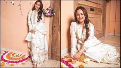Sonakshi Sinha looked graceful and elegant in a white kurta ensemble. Her outfit featured a V-neck, full-sleeved kurta adorned with intricate gold embroidery all over. She paired it with a matching salwar and duppata. She styled her look with a pair of statement jhumkas and juttis. (Instagram/@aslisona) Sonakshi Sinha looked graceful and elegant in a white kurta ensemble. Her outfit featured a V-neck, full-sleeved kurta adorned with intricate gold embroidery all over. She paired it with a matching salwar and duppata. She styled her look with a pair of statement jhumkas and juttis. (Instagram/@aslisona)