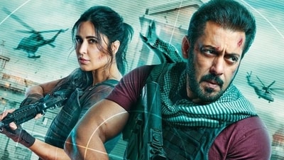 Katrina Kaif and Salman Khan in the Tiger 3 poster. Katrina Kaif and Salman Khan in the Tiger 3 poster.