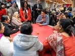Canadian Prime Minister Justin Trudeau meets seniors from the Indian International Seniors Club in Brampton, Ontario, Canada, November 13, 2023.