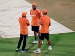 India's Rohit Sharma with head coach Rahul Dravid during practice