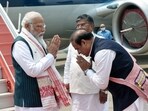 Assam Chief Minister Himanta Biswa Sarma welcomes PM Modi in Assam.
