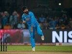 India's Ravindra Jadeja bowls during the ICC Men's Cricket World Cup match between India and Netherlands in Bengaluru, India, Sunday, Nov. 12, 2023. (AP Photo/Anupam Nath)