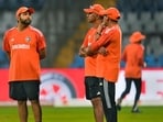 India captain Rohit Sharma and coach Rahul Dravid during a practice session ahead of the ICC Men's World Cup 2023 first semi-final match against New Zealand at the Wankhede Stadium