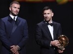Inter Miami's Lionel Messi after being awarded the men's Ballon d'Or by co- owner David Beckham 