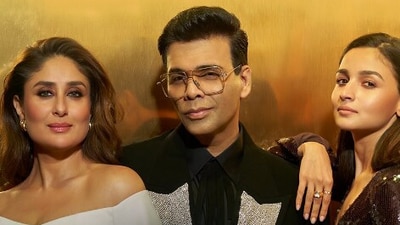 Kareena Kapoor and Alia Bhatt pose with Koffee With Karan host Karan Johar. Kareena Kapoor and Alia Bhatt pose with Koffee With Karan host Karan Johar.