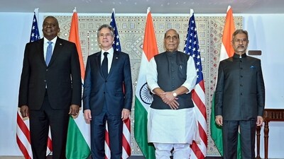 Defence Minister Rajnath Singh with External Affairs Minister S Jaishankar, US Secretary of State Antony Blinken and Secretary of Defense Lloyd Austin ahead of the 5th India-US 2+2 Ministerial Dialogue, in New Delhi on Friday. (ANI Photo) (Arindam Bagchi Twitter) Defence Minister Rajnath Singh with External Affairs Minister S Jaishankar, US Secretary of State Antony Blinken and Secretary of Defense Lloyd Austin ahead of the 5th India-US 2+2 Ministerial Dialogue, in New Delhi on Friday. (ANI Photo) (Arindam Bagchi Twitter)
