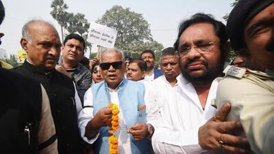 Former Bihar CM Jitan Ram Manjhi during a protest in Patna against chief minister Nitish Kumar's recent remarks against him. (Santosh Kumar/HT) Former Bihar CM Jitan Ram Manjhi during a protest in Patna against chief minister Nitish Kumar's recent remarks against him. (Santosh Kumar/HT)