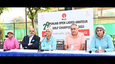Members of Chandigarh Golf Club addressing media regarding 29th Punjab Open Ladies Amateur Golf Championship to be held from November 14 to 16. (Keshav Singh/HT)