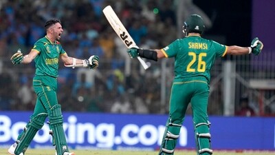 South Africa batter Keshav Maharaj and Tabraiz Shamsi celebrate after winning the ICC Men's Cricket World Cup 2023 match against Pakistan (PTI) South Africa batter Keshav Maharaj and Tabraiz Shamsi celebrate after winning the ICC Men's Cricket World Cup 2023 match against Pakistan (PTI)