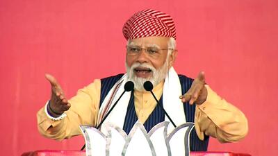 Prime Minister Narendra Modi addresses a public meeting in Jhabua in poll-bound Madhya Pradesh on Tuesday. (ANI) Prime Minister Narendra Modi addresses a public meeting in Jhabua in poll-bound Madhya Pradesh on Tuesday. (ANI)