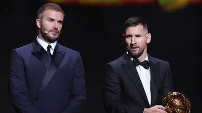 Inter Miami's Lionel Messi after being awarded the men's Ballon d'Or by co- owner David Beckham (REUTERS)