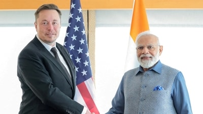 Prime Minister Narendra Modi shakes hands with Tesla chief executive Elon Musk during a meeting in New York City, New York, U.S., June 20, 2023. (via REUTERS)