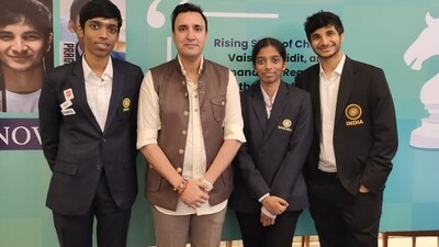 AICF president Sanjay Kapoor is flanked by GMs R Praggnanandhaa (from left), R Vaishali and Vidit Gujrathi. (AICF) AICF president Sanjay Kapoor is flanked by GMs R Praggnanandhaa (from left), R Vaishali and Vidit Gujrathi. (AICF)
